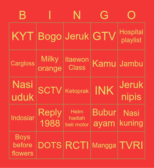 Sarapan Bingo Card