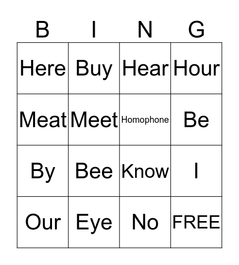 Homophone Bingo Card