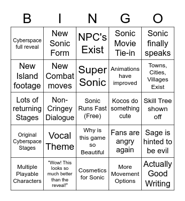 Sonic Frontiers Gamescom Trailer Bingo Card