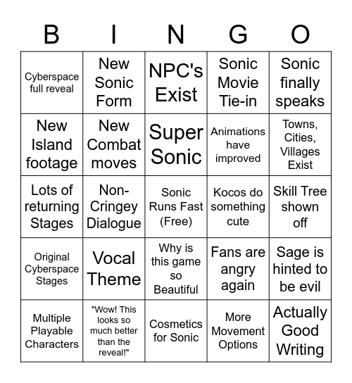 Sonic Frontiers Gamescom Trailer Bingo Card