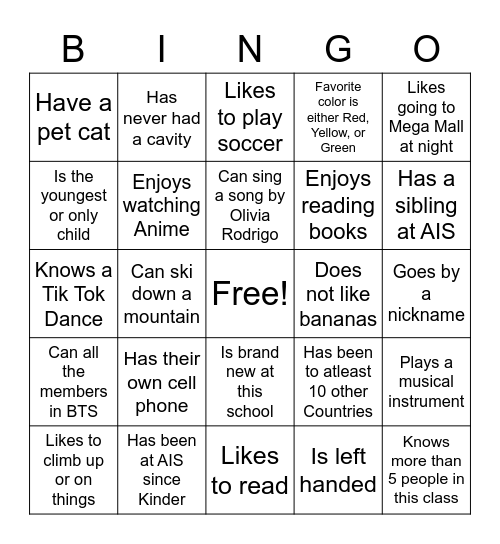 First Day of School Bingo Card