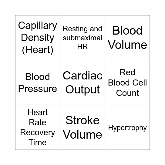 Cardiovascular Chronic Adaptations Bingo Card