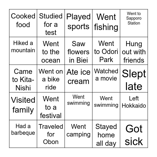 What Did You Do During Summer Vacation? Bingo Card