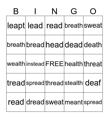 -ea vowel team (short -e sound) Bingo Card
