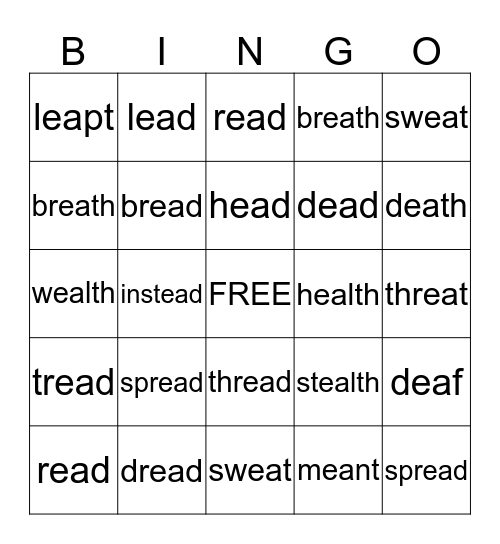 -ea vowel team (short -e sound) Bingo Card