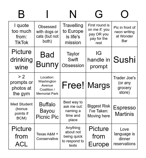 Houston Hinge Girls Bingo Card