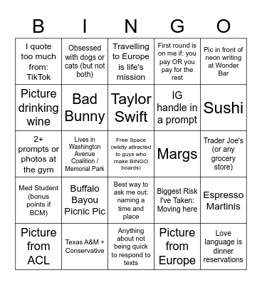 Houston Hinge Girl Bingo Card