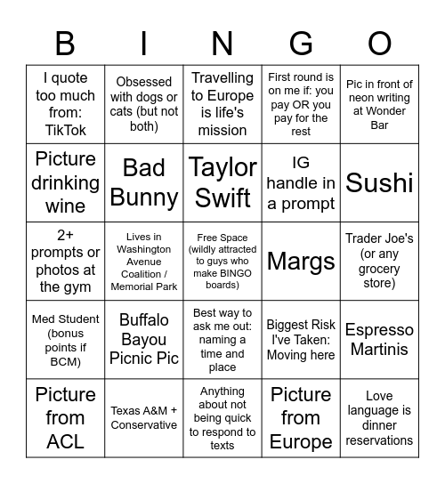 Houston Hinge Girl Bingo Card