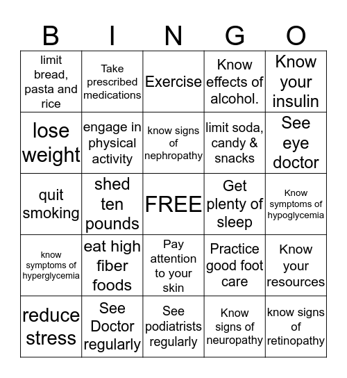 Diabetes Management and Awareness Bingo Card