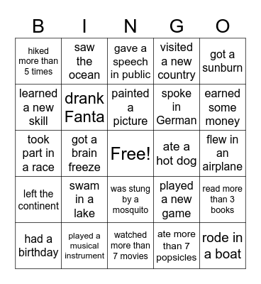 Summer Bingo Card