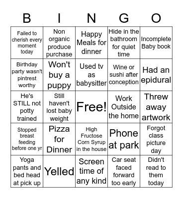 Mom Guilt Bingo  Bingo Card