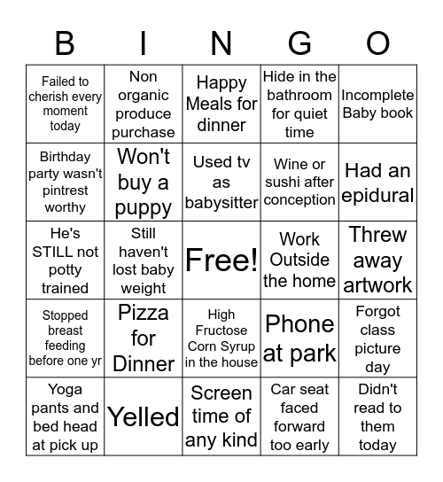 Mom Guilt Bingo  Bingo Card