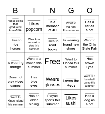 Back to School Bingo Card