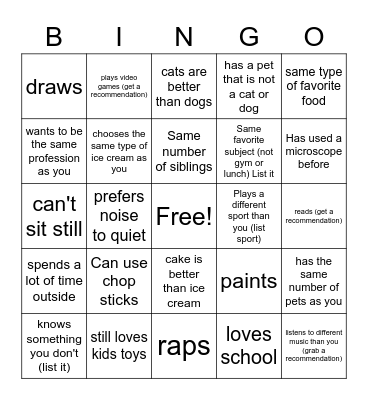 Get to know you (may not use the same person more than twice) Bingo Card
