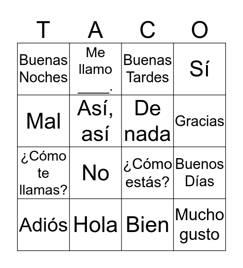 TACO Bingo Card