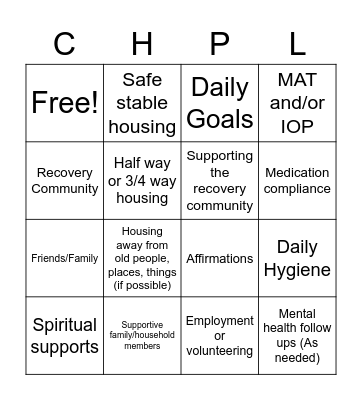 Recovery Dimension Bingo Card