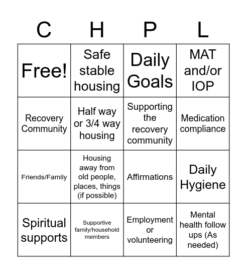 Recovery Dimension Bingo Card