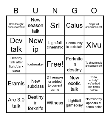 Destiny Showcase Bingo Card