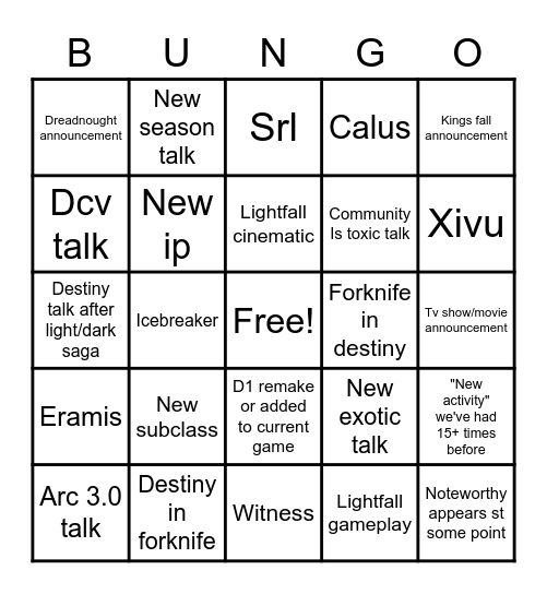 Destiny Showcase Bingo Card
