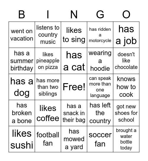 Find a Classmate Bingo Card