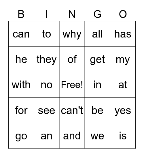 Power Word Bingo 1 Bingo Card