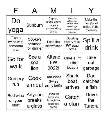 Family Week 2022 Bingo Card