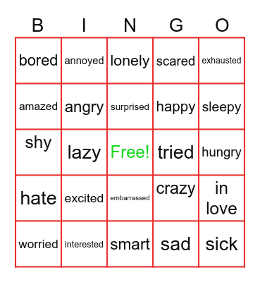 adjectives to describe feelings Bingo Card