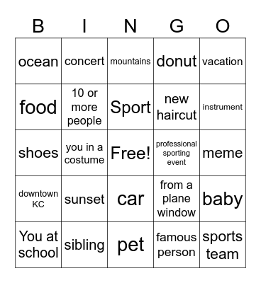 Cell Phone Picture Bingo Card