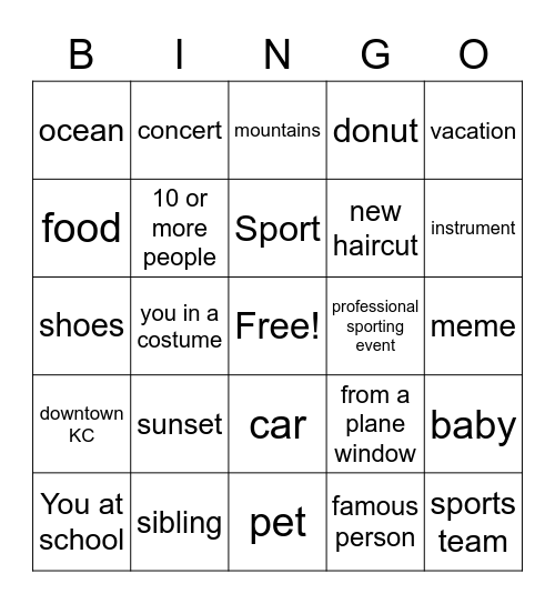 Cell Phone Picture Bingo Card