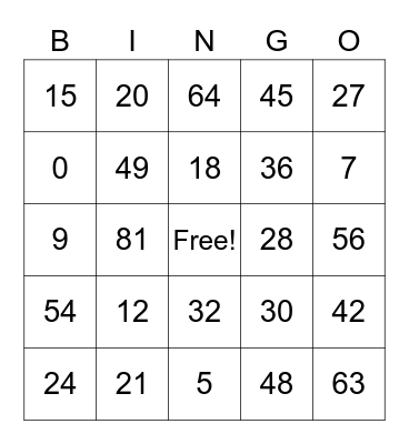 Multiplication Bingo Card