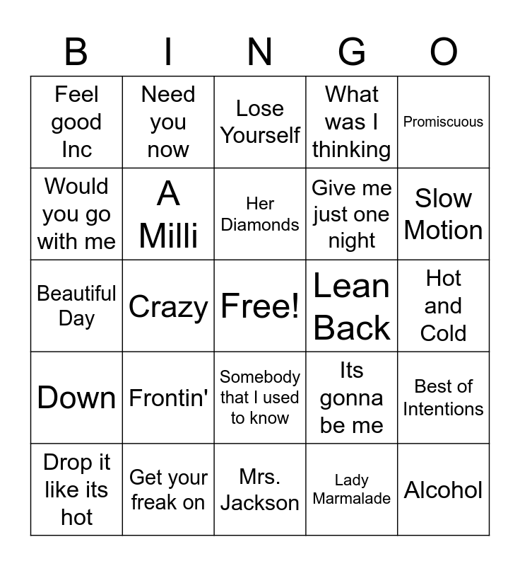 2000s Hit Mix Bingo Card