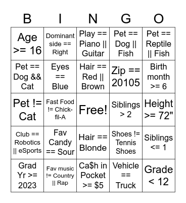 APCSP Boolean Bingo Card