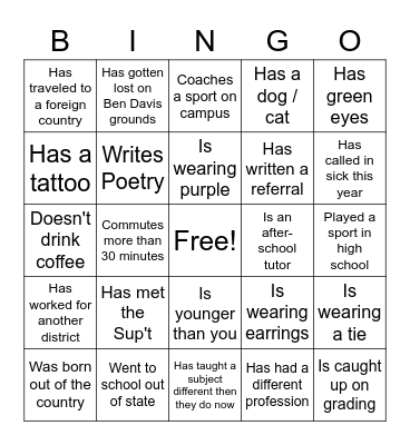 New Teacher Bingo Card