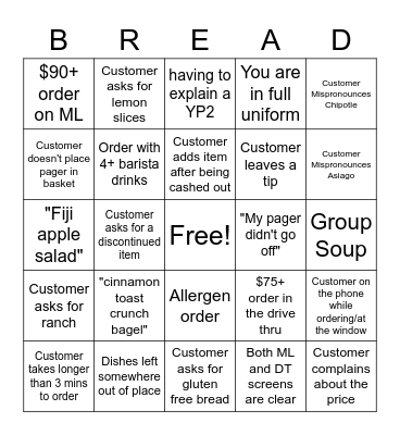 Panera Bingo Card