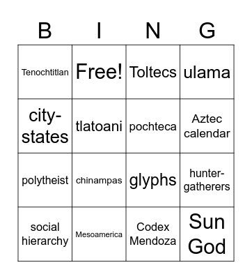 Aztec Review Game Bingo Card