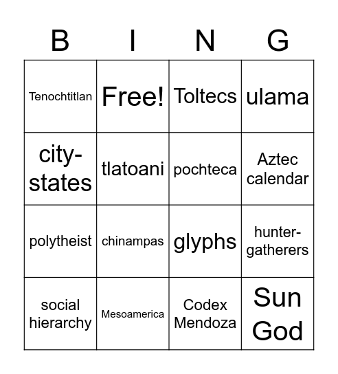 Aztec Review Game Bingo Card
