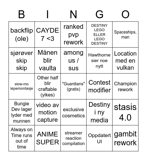 DESTINY REVEAL STREAM AUG23 SMOTS BINGO Card