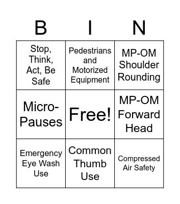 August Safety BINGO Card