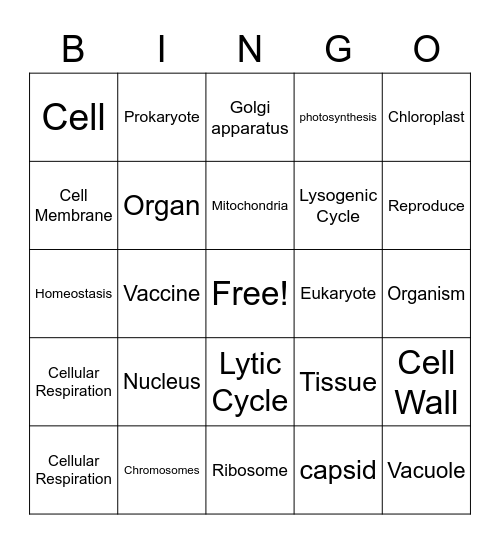 Unit 1: Cells Review Bingo Card