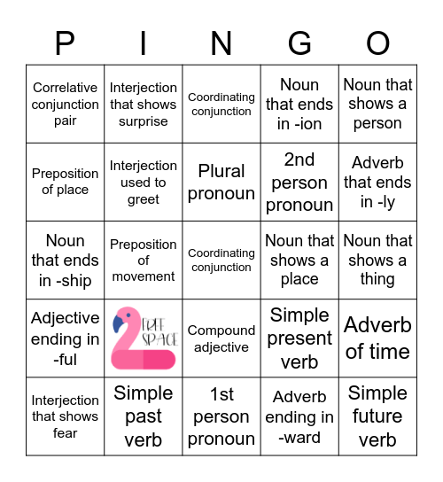 Parts of Speech Pool Party Bingo Card