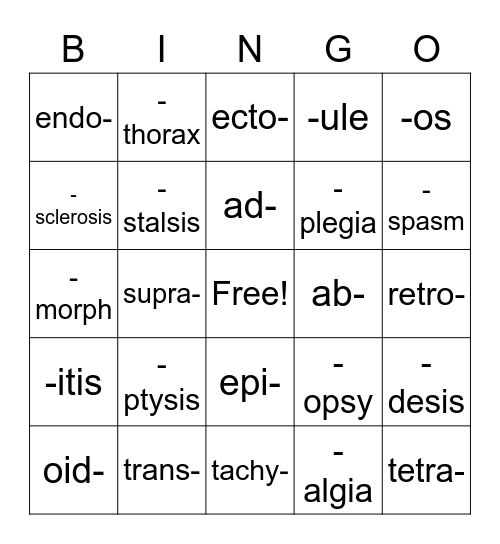 Anatomy Bingo Card