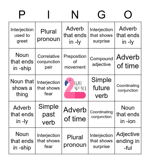 Pool Party Parts of Speech Bingo Card
