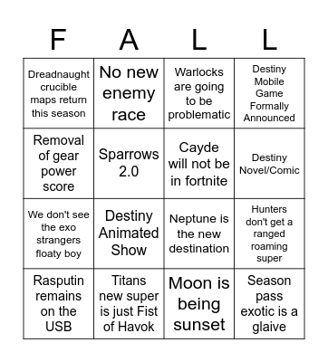 Destiny 2 Lightfall Showcase Bingo Card