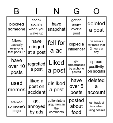 social media Bingo Card