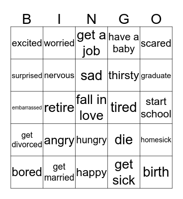 Feelings & Life Events Bingo Card