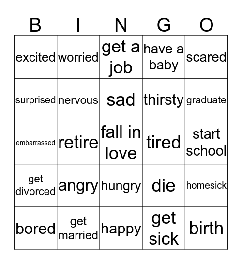 Feelings & Life Events Bingo Card