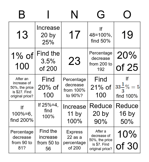 Percentages Bingo Card