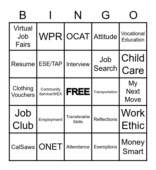 OUR JOBS Bingo Card