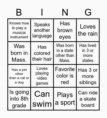 Similarity Game Bingo Card