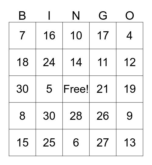 Number Bingo Card